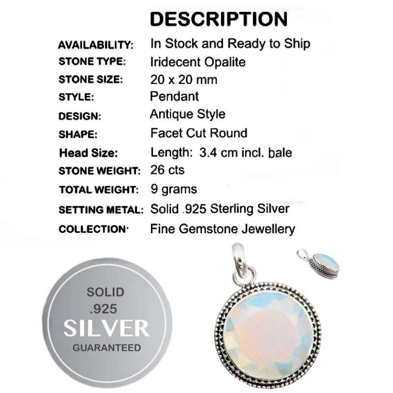 26 cts Fire Opalite Round Gemstone set in Antique Style Solid .925 Sterling Silver Pendant