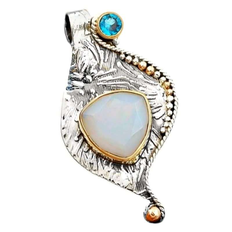 4 Ct Three Tone Fire Opalite Blue Topaz Gemstone set in Solid .925 Sterling Silver Victorian Pendant
