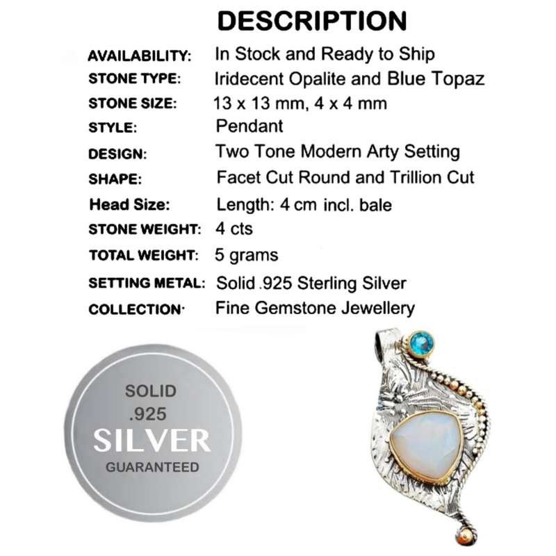 4 Ct Three Tone Fire Opalite Blue Topaz Gemstone set in Solid .925 Sterling Silver Victorian Pendant