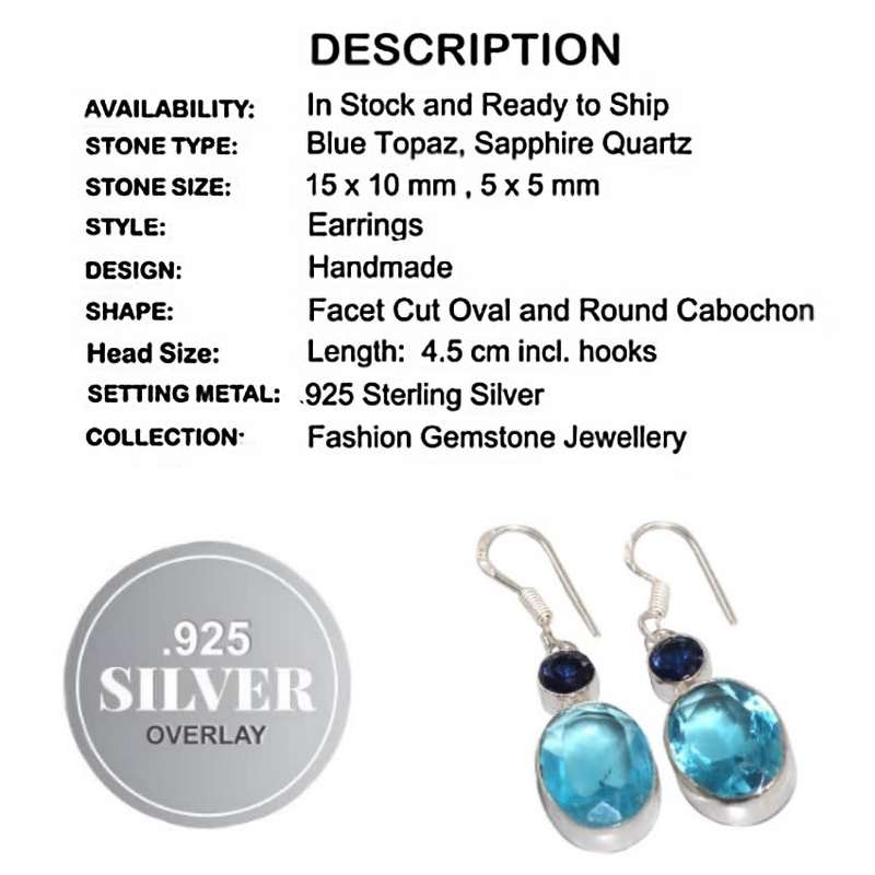 Rare Dainty Blue Topaz Oval and Sapphire Quartz Gemstone .925 Sterling Silver Earrings