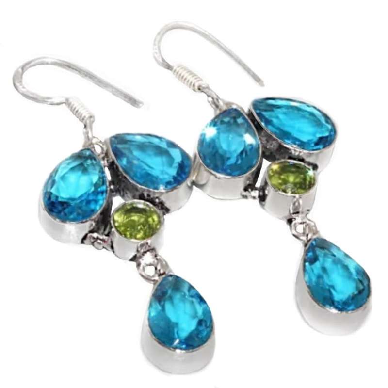 Paris Blue Topaz, Peridot Gemstone set in .925 Sterling Silver Plated Handmade Earrings
