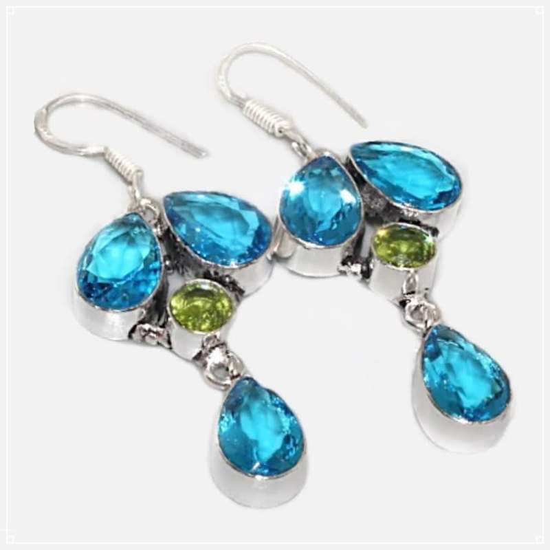 Paris Blue Topaz, Peridot Gemstone set in .925 Sterling Silver Plated Handmade Earrings