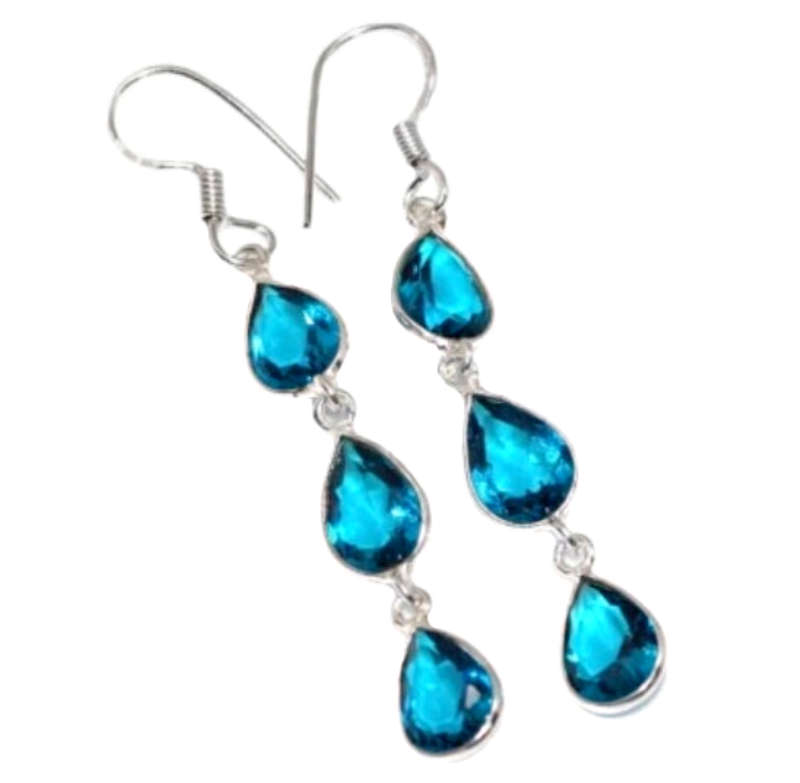 Long and Dainty Blue Topaz Gemstone Pears set in .925 Sterling Silver Plated Handmade Earrings