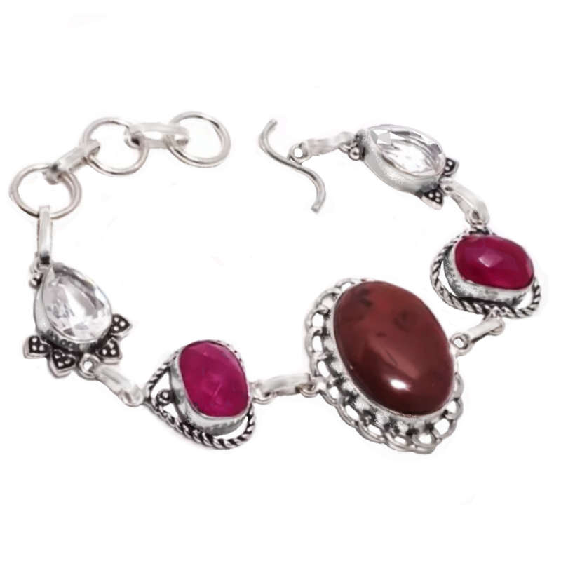 Natural Mahogany Obsidian, Ruby, White Topaz Gemstone .925 Sterling Silver Plated Handmade Bracelet