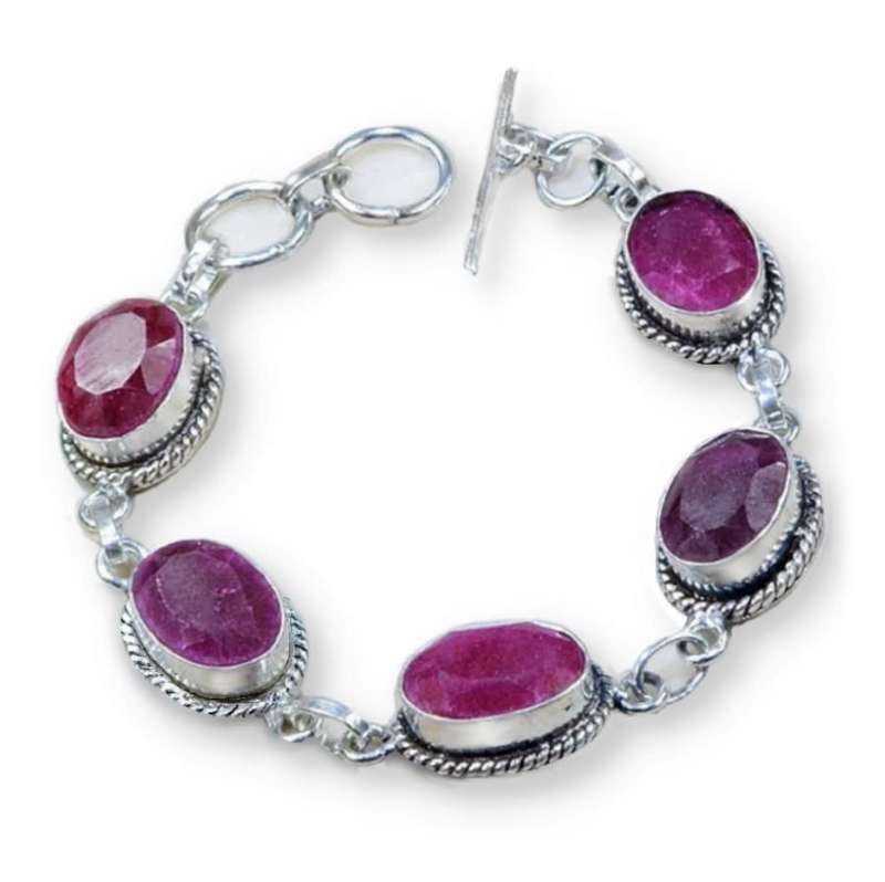 Indian Cherry Ruby Gemstone set in .925 Sterling Silver Plated Handmade Bracelet