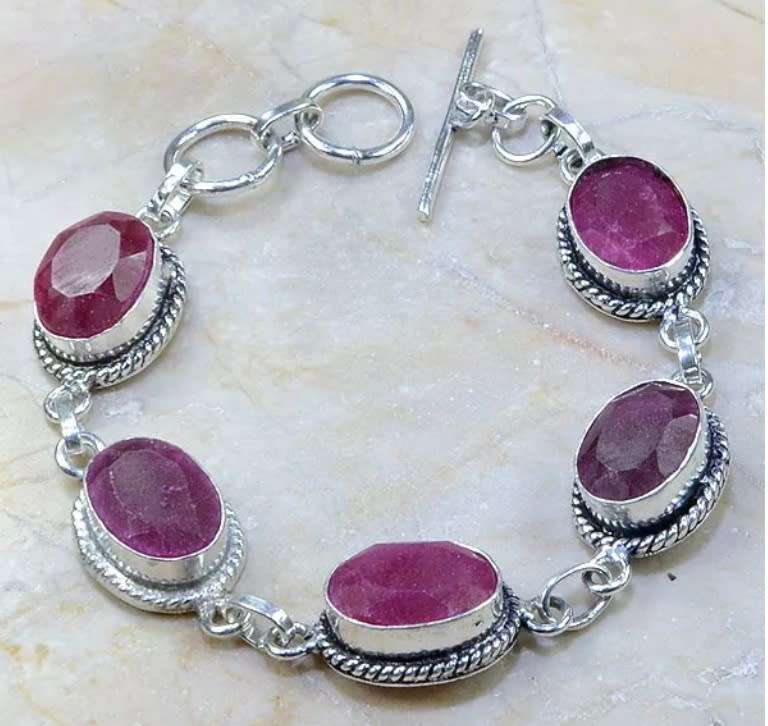 Indian Cherry Ruby Gemstone set in .925 Sterling Silver Plated Handmade Bracelet