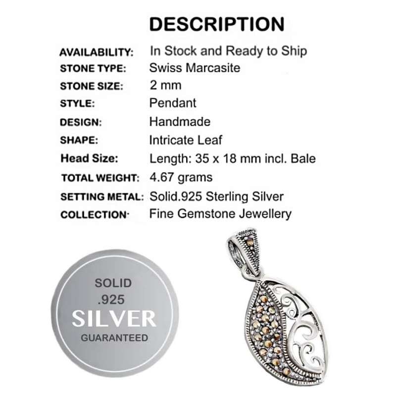 4.67 Gms  Swiss Fine Marcasite Leaf Design set in  Solid .925 Sterling Silver Pendant