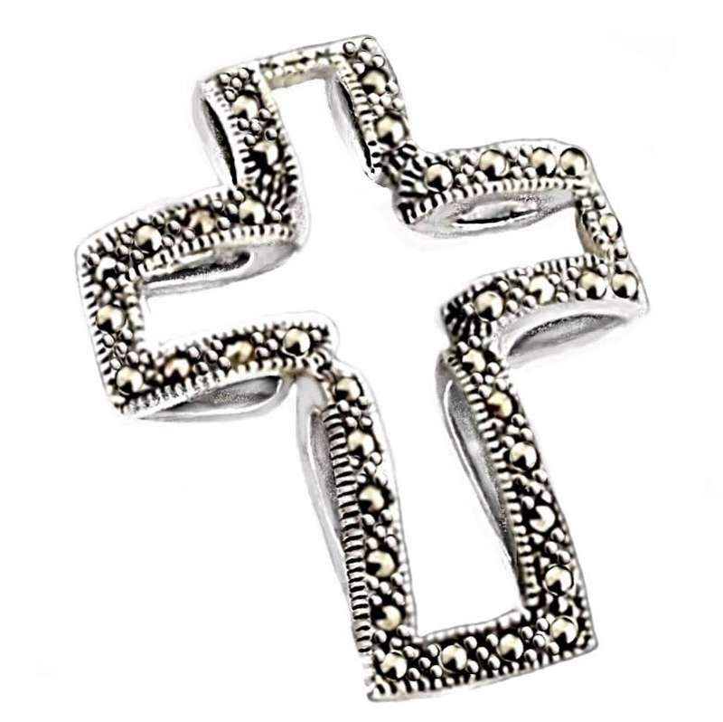 Handmade Antique Swiss Marcasite Cross Set in Solid .925 Sterling Silver Pendant