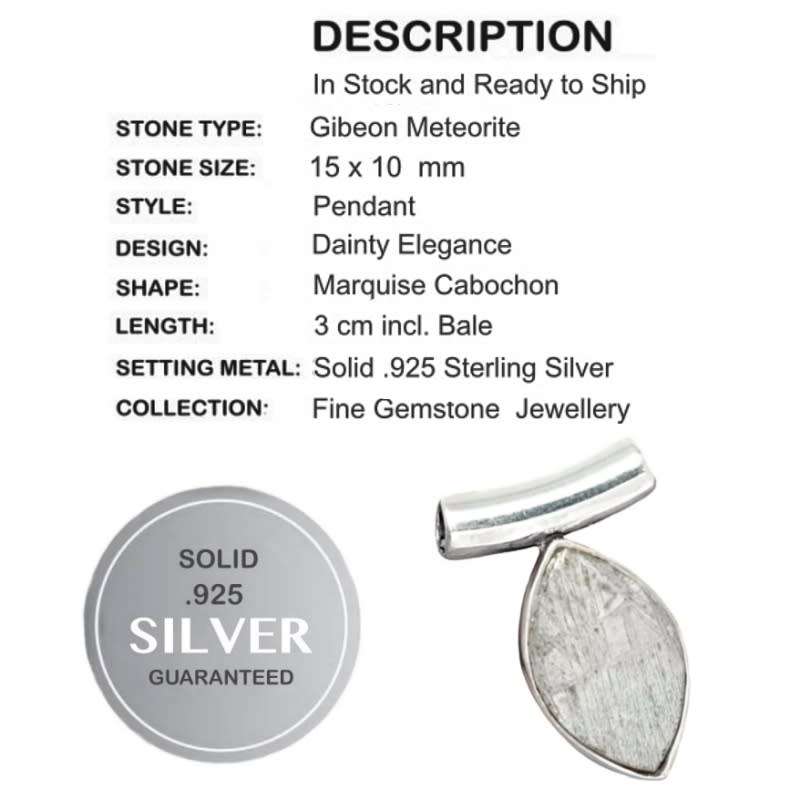 Gibeon Meteorite Marquise Shape set in Solid .925 Solid Sterling Silver Dainty Pendant