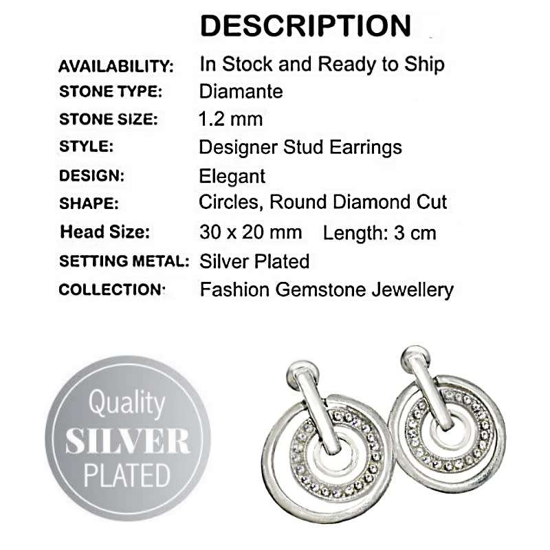 Designer Inspired Diamanté Triple Circles Quality Silver Plated Stud Earrings