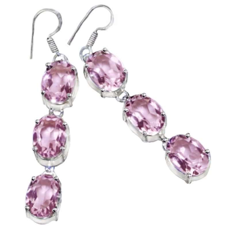 Pink Topaz  Facet Cut Ovals in 925 Sterling Silver Plated Long Drop Dangle Handmade Earrings
