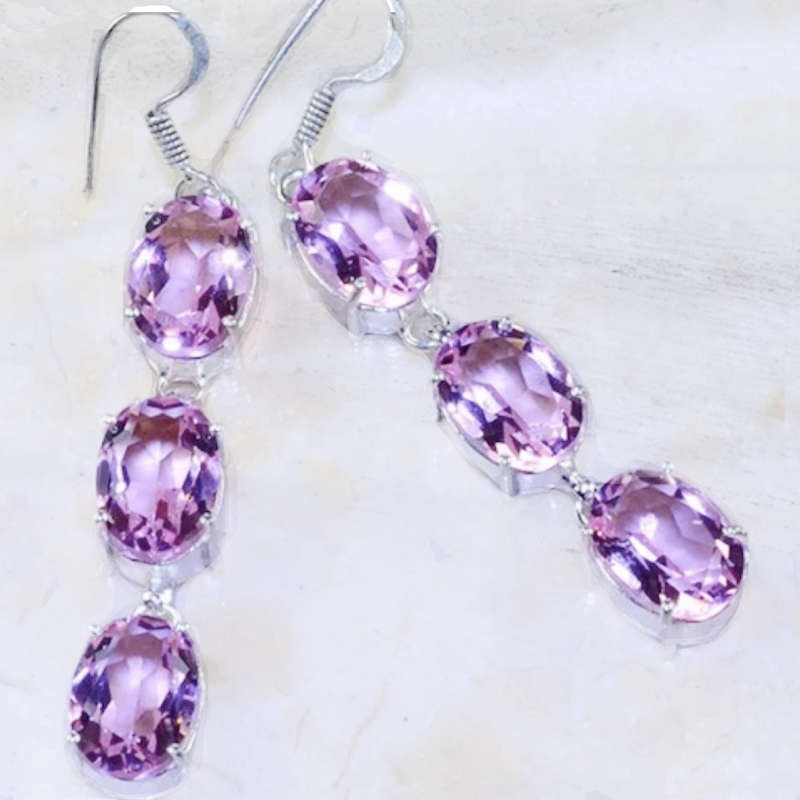 Pink Topaz  Facet Cut Ovals in 925 Sterling Silver Plated Long Drop Dangle Handmade Earrings