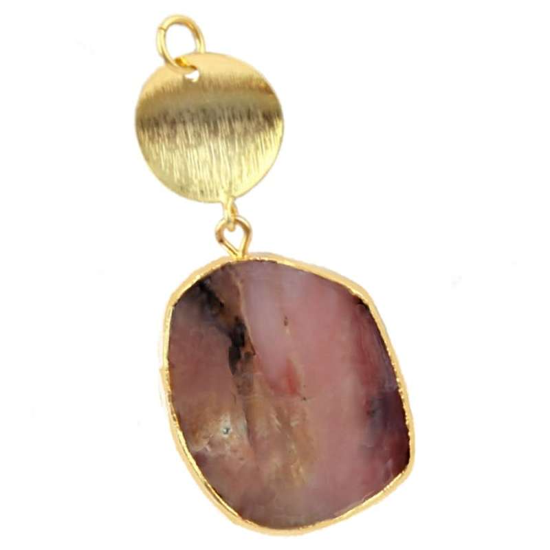 Reversible Wear Natural Pink Opal Gemstone Brass and 24K Yellow Gold Plated Pendant