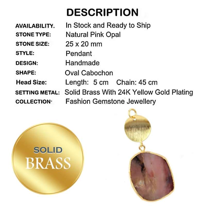 Reversible Wear Natural Pink Opal Gemstone Brass and 24K Yellow Gold Plated Pendant