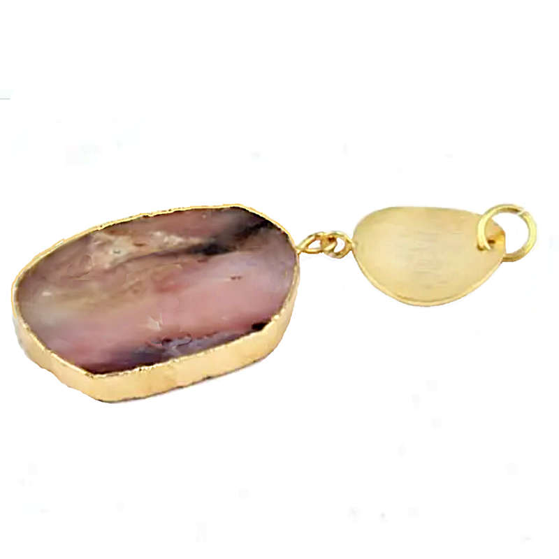 Reversible Wear Natural Pink Opal Gemstone Brass and 24K Yellow Gold Plated Pendant