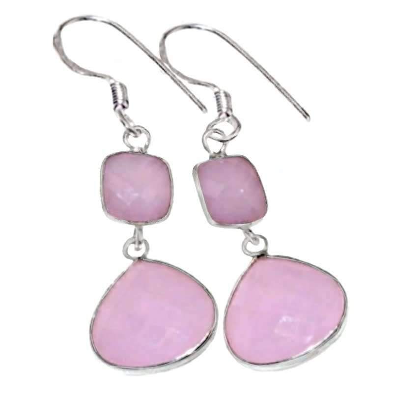 Natural Pink Chalcedony set in  .925 Sterling Silver Plated Drop Dangle Handmade Earrings