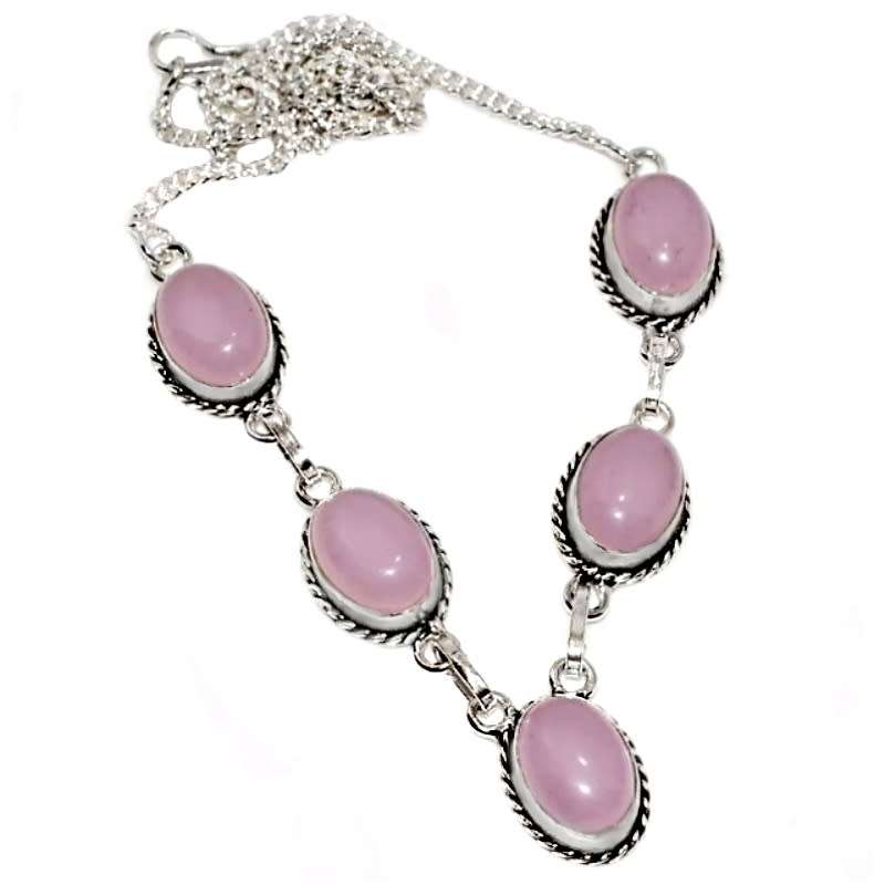 Pink Chalcedony Ovals set in  .925 Sterling Silver Plated Handmade Antique Style Necklace