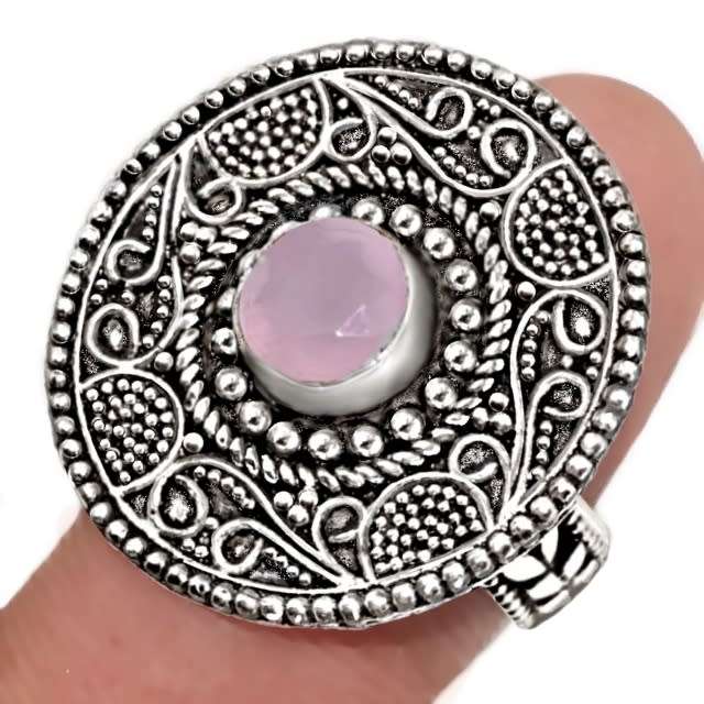 Pink Chalcedony Gemstone in .925  Sterling Silver Plated Handmade Antique Style Ring US 8 / UK Q