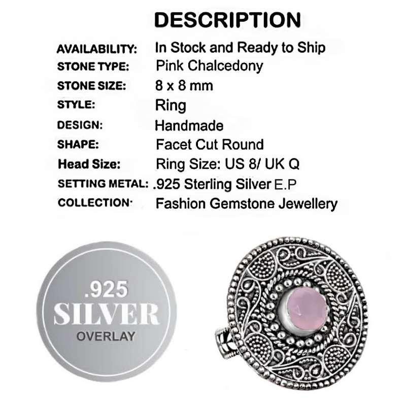 Pink Chalcedony Gemstone in .925  Sterling Silver Plated Handmade Antique Style Ring US 8 / UK Q