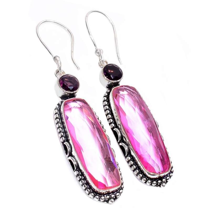 Pink Topaz and Purple Amethyst Simulated .925 Sterling Silver Plated Drop Dangle HandmadeEarrings