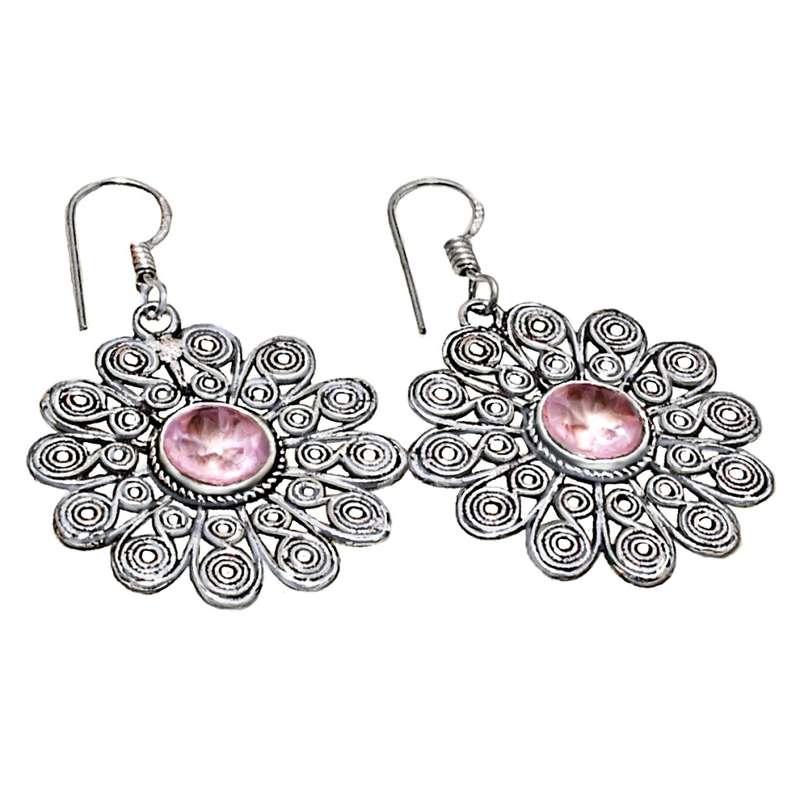 Indonesian -Bali Handmade Pink Topaz in .925 Silver Plated Drop Dangle Earrings