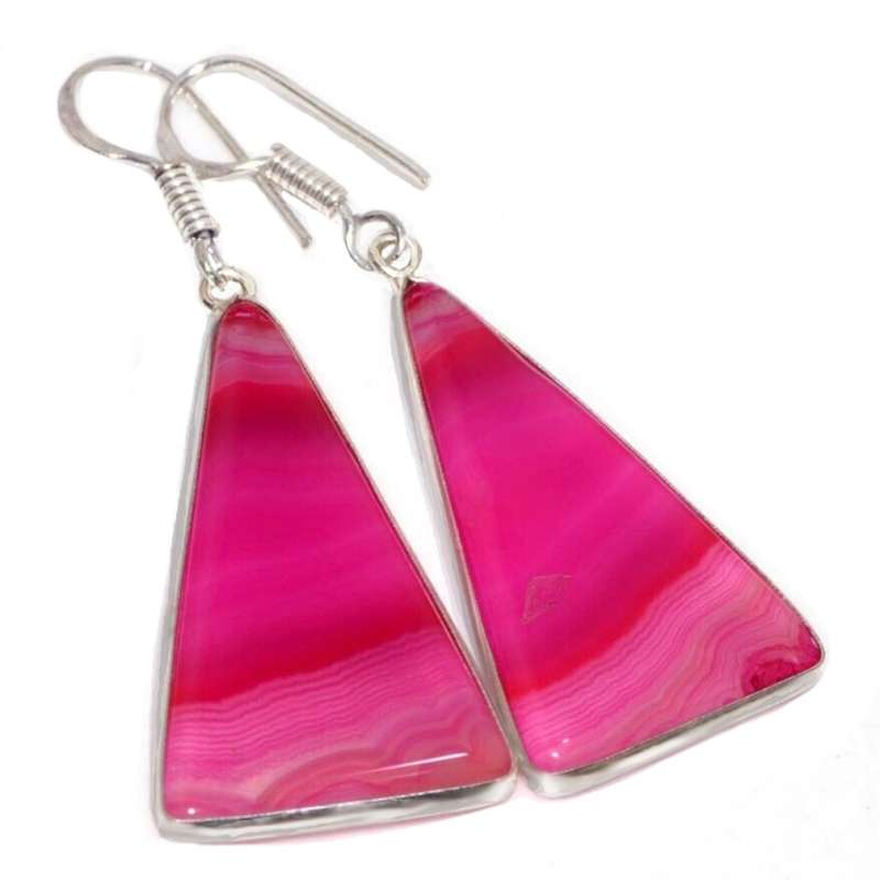 Natural Pink Botswana Lace Agate Elongated Triangle Gemstone .925 Sterling Silver Plated Earrings