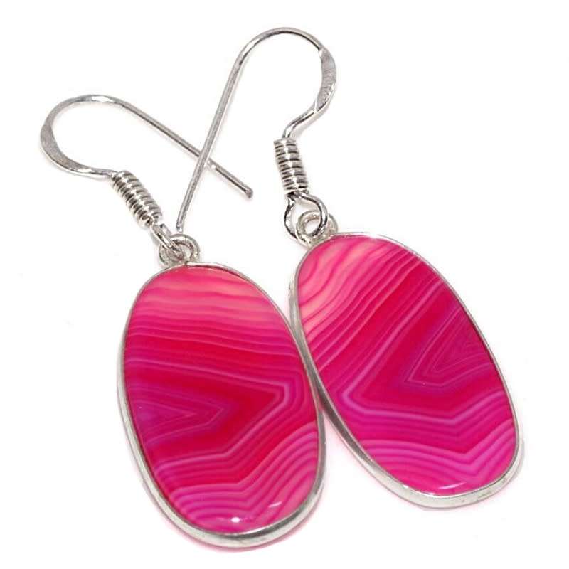 Natural Pink Botswana Lace Agate Oval Gemstone set in .925 Sterling Silver Plated Handmade Earrings