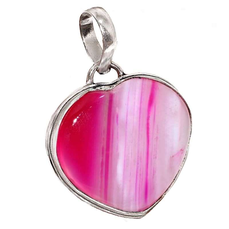 Natural Pink Botswana Lace Agate Heart Shape Gemstone in .925 Sterling Silver Plated Pendant