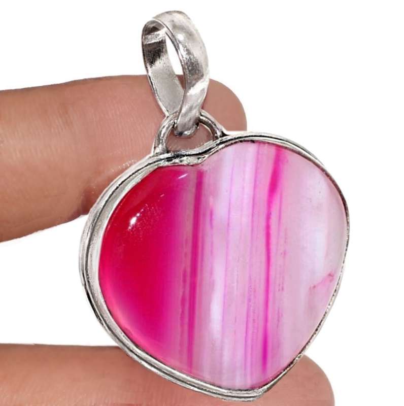 Natural Pink Botswana Lace Agate Heart Shape Gemstone in .925 Sterling Silver Plated Pendant