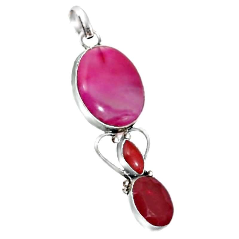 Natural Pink Lace Botswana Agate, Ruby, Chalcedony Gems Set In .925 Sterling Silver Plated Pendant