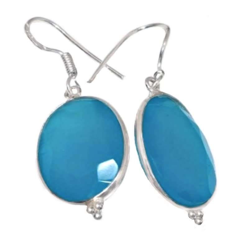 Blue Chalcedony Oval Gemstone set in .925 Sterling Silver Plated Handmade Earrings