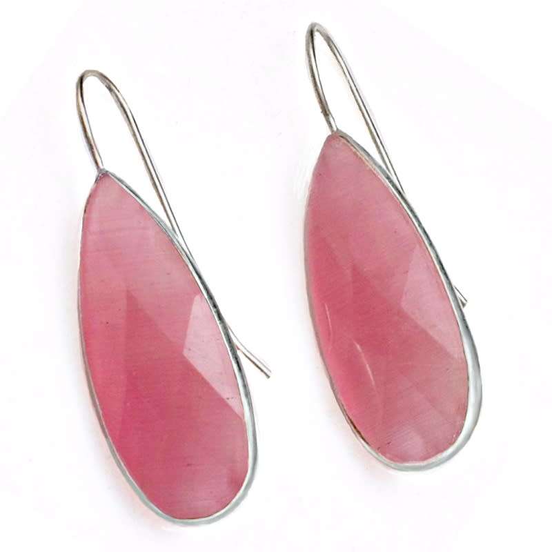 Pink Cats Eye Pear Shape set in .925 Sterling Silver Plated Handmade Earrings