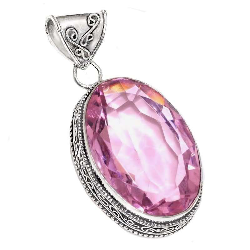 Pink Topaz Facet Cut Oval set in .925 Sterling Silver Plated Antique Style Handmade Pendant