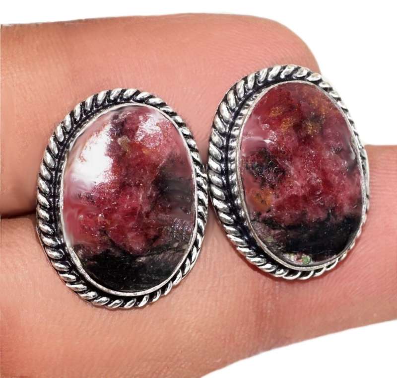 Natural Rhodonite Oval Gemstone 925 Sterling Silver Plated Handmade Stud Earrings