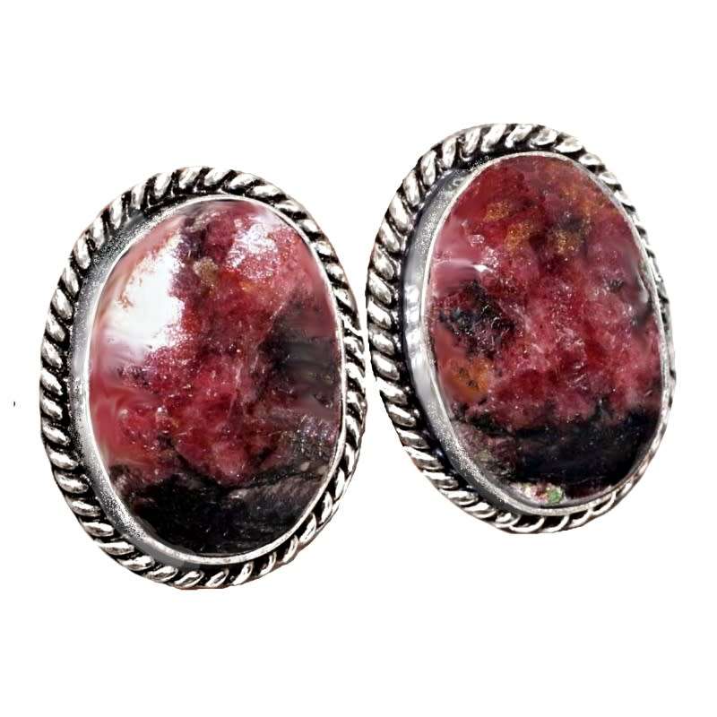 Natural Rhodonite Oval Gemstone 925 Sterling Silver Plated Handmade Stud Earrings