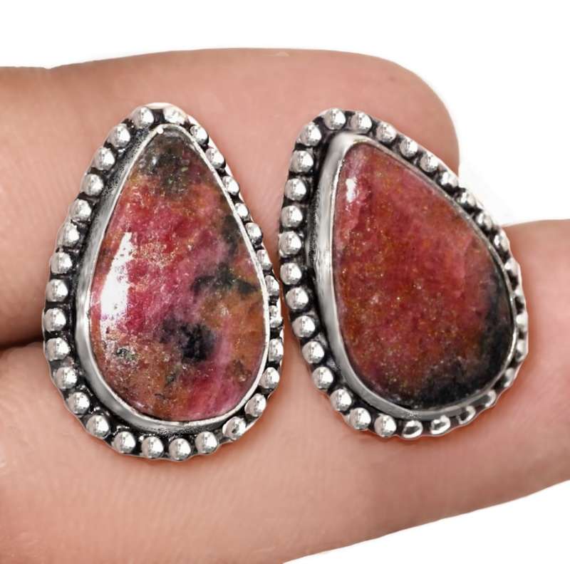 Natural Rhodonite Pear Shape Gemstone 925 Sterling Silver Plated Stud Earrings