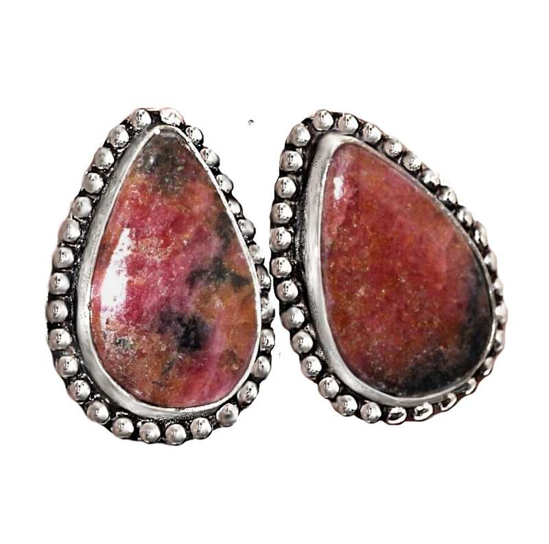 Natural Rhodonite Pear Shape Gemstone 925 Sterling Silver Plated Stud Earrings