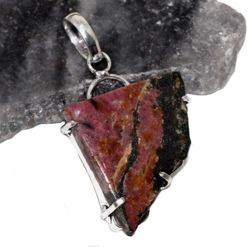 Handmade Natural Rhodonite Gemstone set in 925 Sterling Silver Plated Handmade Pendant