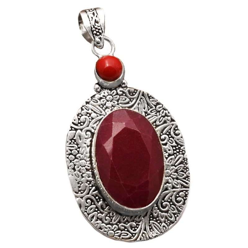 Handmade Antique Style Indian Ruby and Red Coral Gemstone .925 Sterling Silver Plated Pendant
