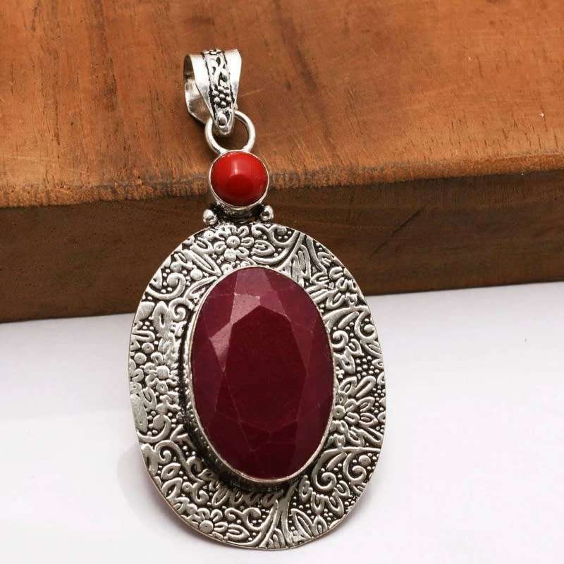 Handmade Antique Style Indian Ruby and Red Coral Gemstone .925 Sterling Silver Plated Pendant