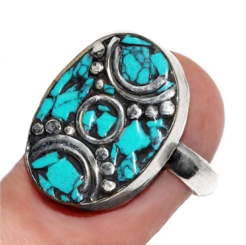 Handmade From Nepal Natural Turquoise Gemstone Oval Shape Tibetan Silver Adjustable Size Ring