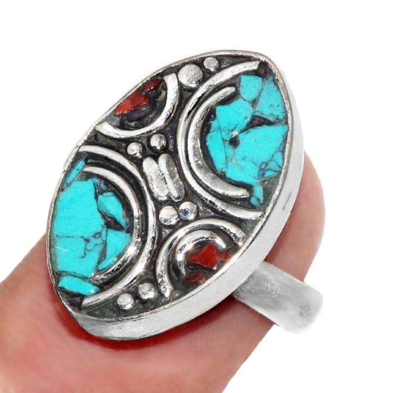 Handmade From Nepal Natural Turquoise and Red Coral Tibetan Silver Adjustable Size Ring