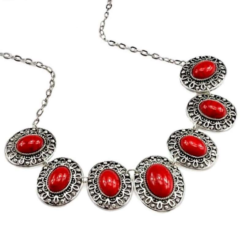 Antique Style Red Turquoise Ovals  set in Silver Plated Handmade Necklace