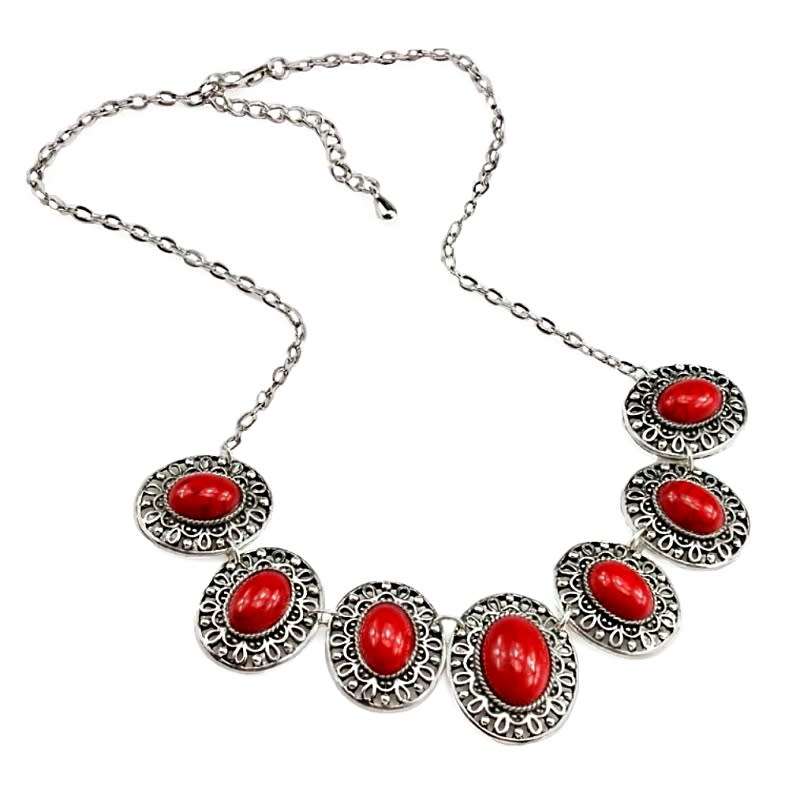 Antique Style Red Turquoise Ovals  set in Silver Plated Handmade Necklace