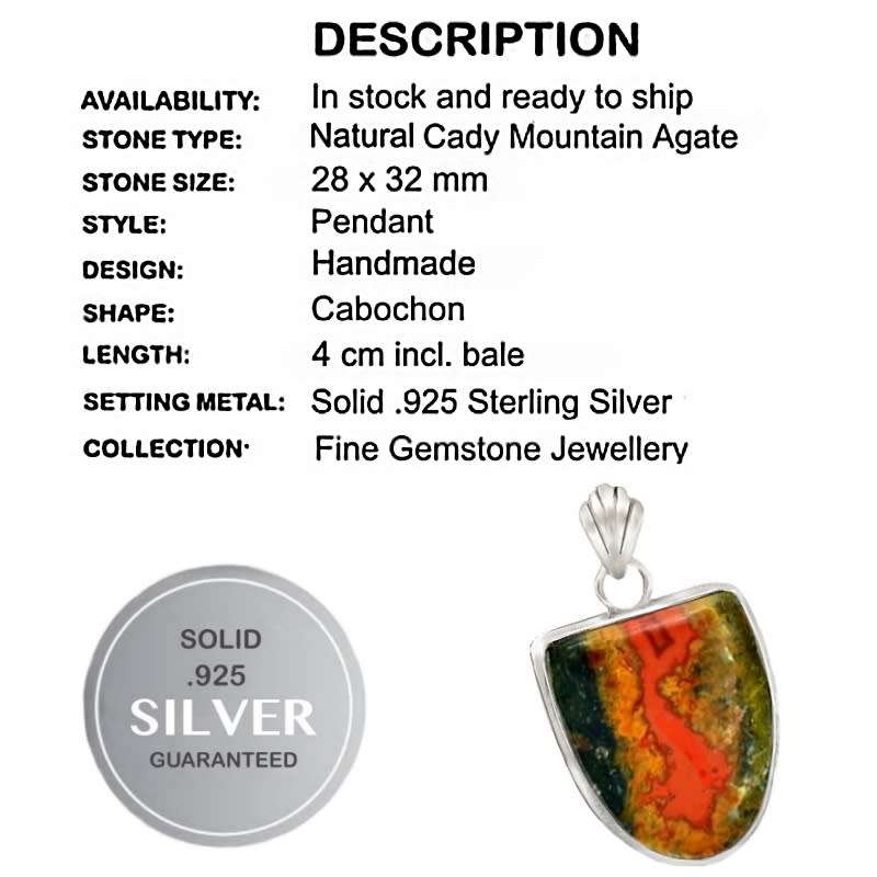 Natural Cady Mountain Agate set in Solid .925 Sterling Silver Pendant