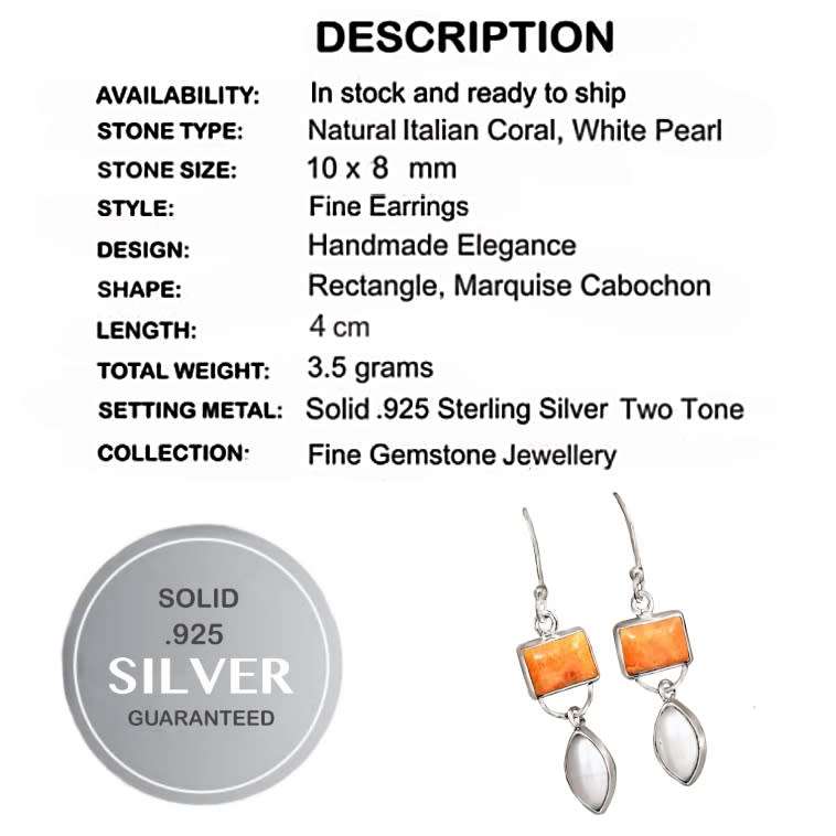 Natural Italian Coral, White Pearl set in Solid .925 Sterling Silver Elegant Earrings