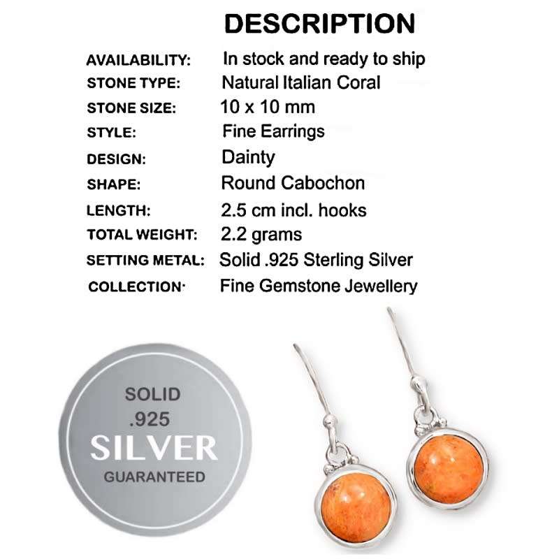 Natural Italian Coral set in Solid .925 Sterling Silver Dainty Earrings