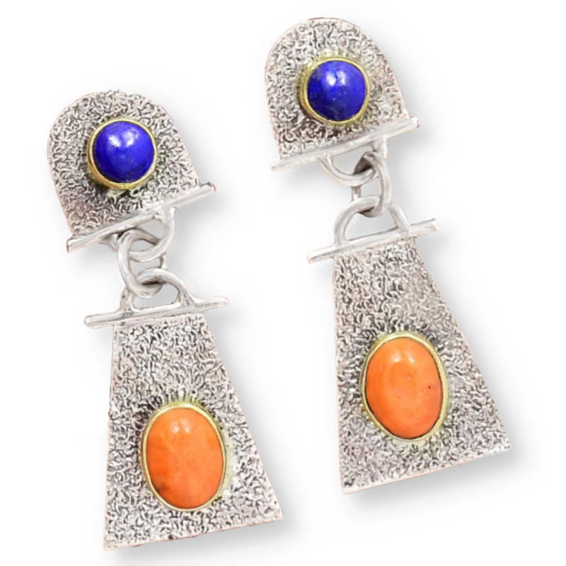 Dainty Two Tone Natural Italian Coral, Lapis Lazuli Solid .925 Sterling Silver Earrings