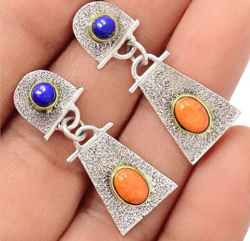 Dainty Two Tone Natural Italian Coral, Lapis Lazuli Solid .925 Sterling Silver Earrings