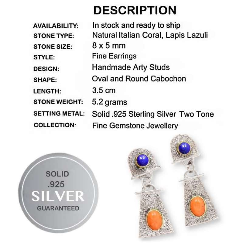 Dainty Two Tone Natural Italian Coral, Lapis Lazuli Solid .925 Sterling Silver Earrings